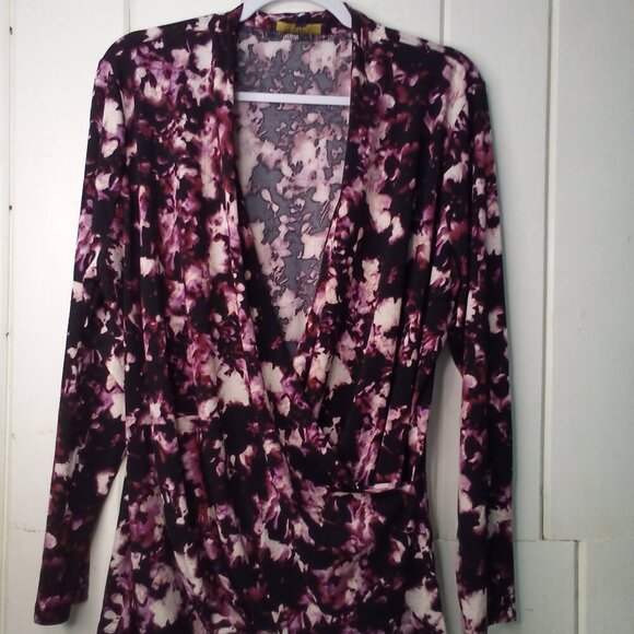 Rachel Rachel Roy Blouse Women M Long Sleeve V-Neck Wrap Floral Black Purple - Picture 2 of 14